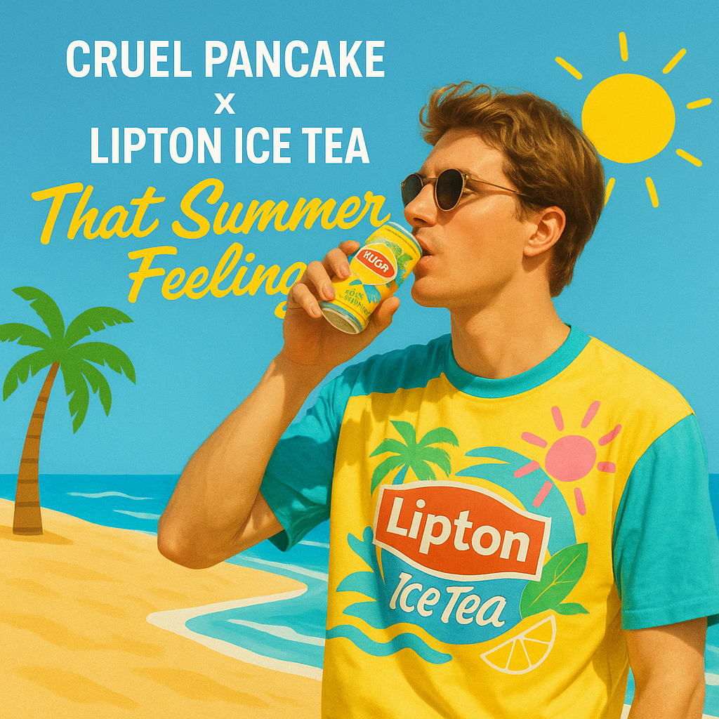 Jeune homme portant un t-shirt Lipton et buvant une canette sur la plage – campagne été 2025 Cruel Pancake x Lipton
