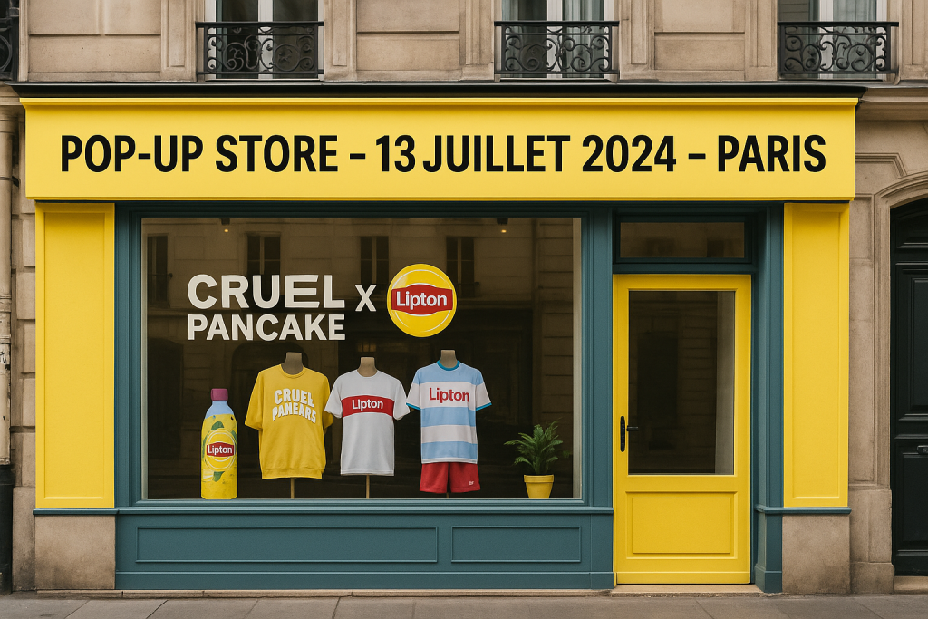 Façade du pop-up store Cruel Pancake x Lipton à Paris, été 2025
